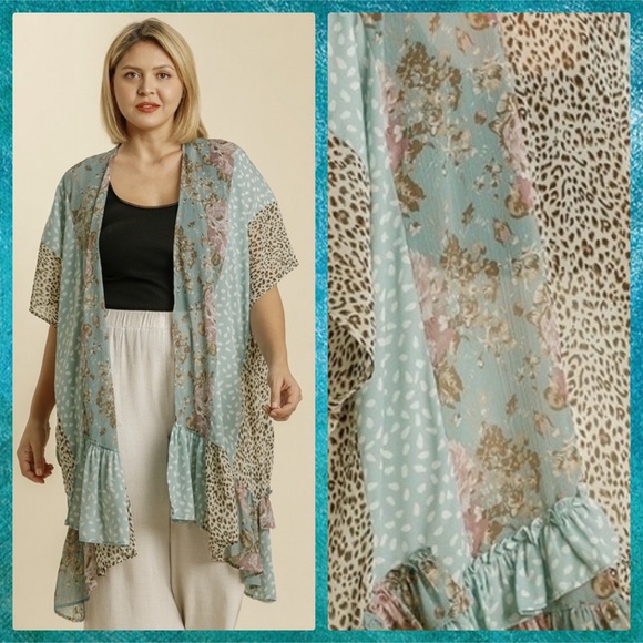 Umgee Kimonos & Yukatas Umgee Mixed Print Asymmetrical Ruffled Hem
